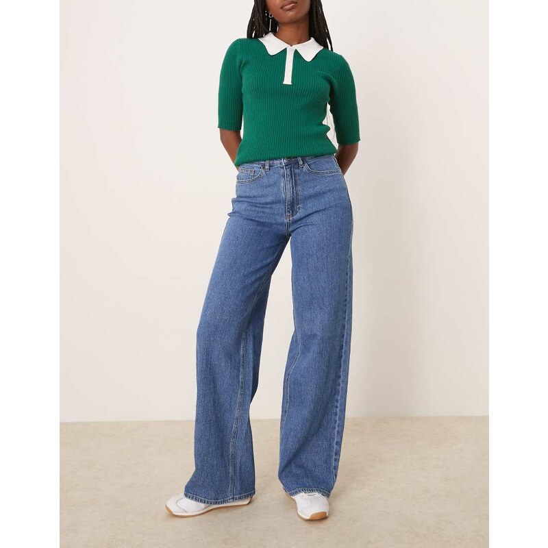 Vila Freya high waist wide leg jean in medium blue denim 115510109
