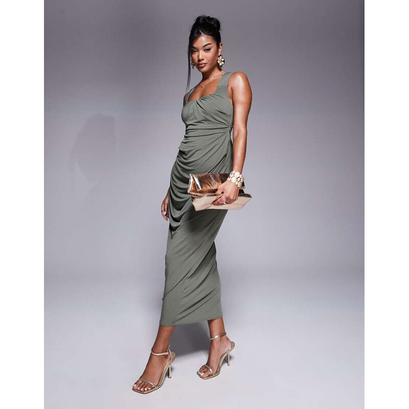 ASOS DESIGN shaped neckline wide strap with draped skirt midi