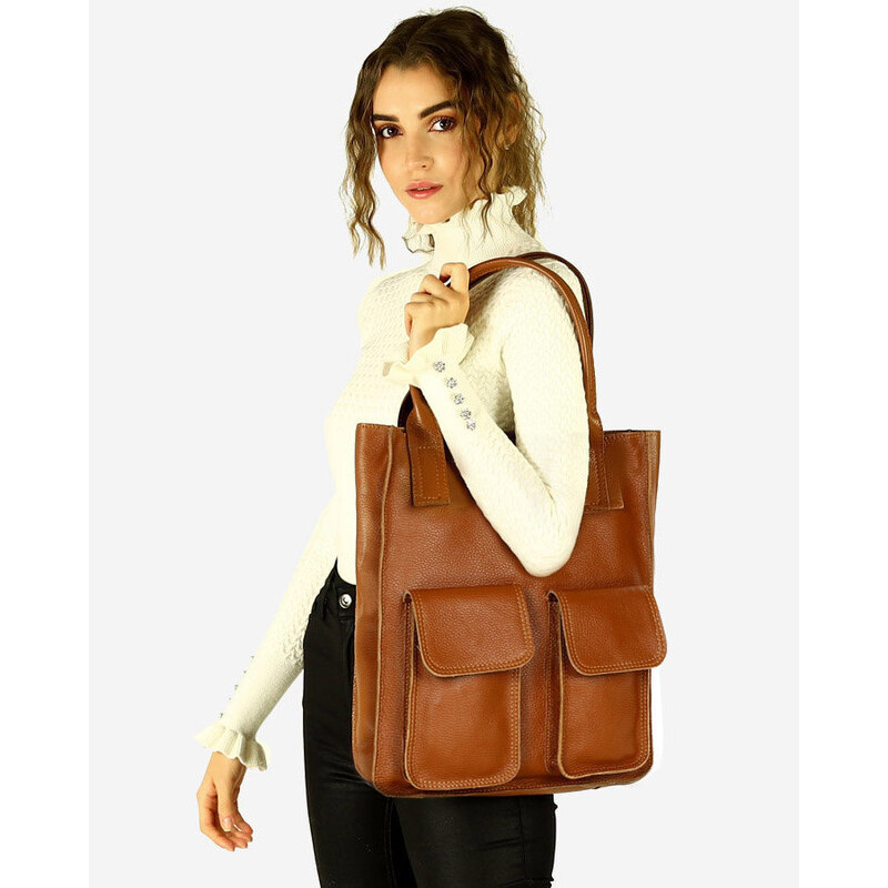 GENUINE LEATHER Kožená shopper bag kabelka Vera Pelle 04X světle