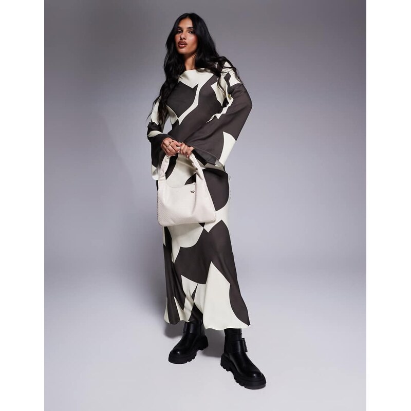 ASOS DESIGN biased slash neck maxi dress in brown abstract print-Multi 103494514