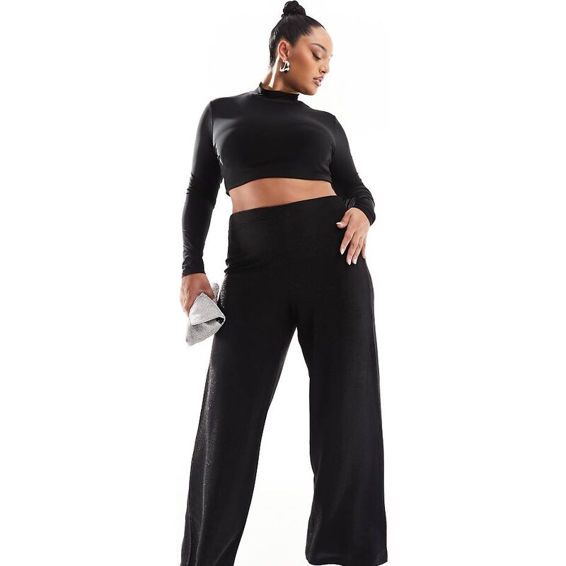 ONLY Curve wide leg trousers in black glitter 103742263
