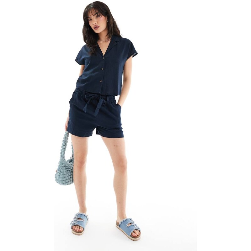 JDY tie detail linen mix short co-ord in navy 103493175