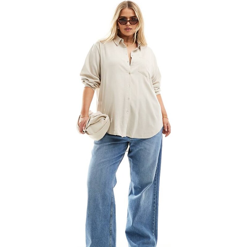 Vero Moda Curve linen blend long sleeved shirt in stone-Neutral 103494035