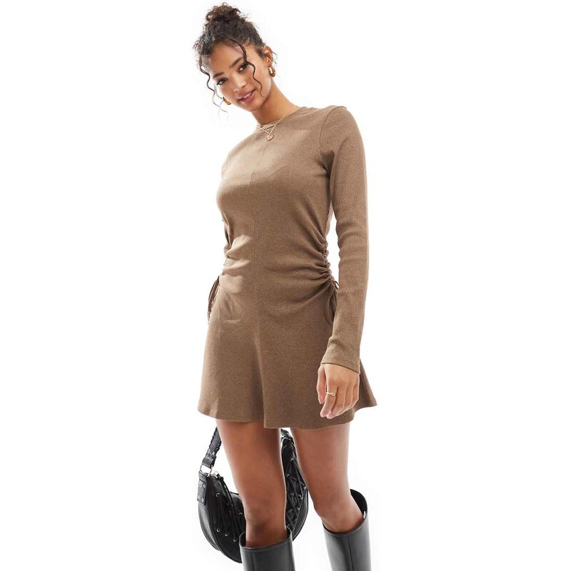 ASOS DESIGN ruched tie side rib mini dress in brown-No colour 103494584