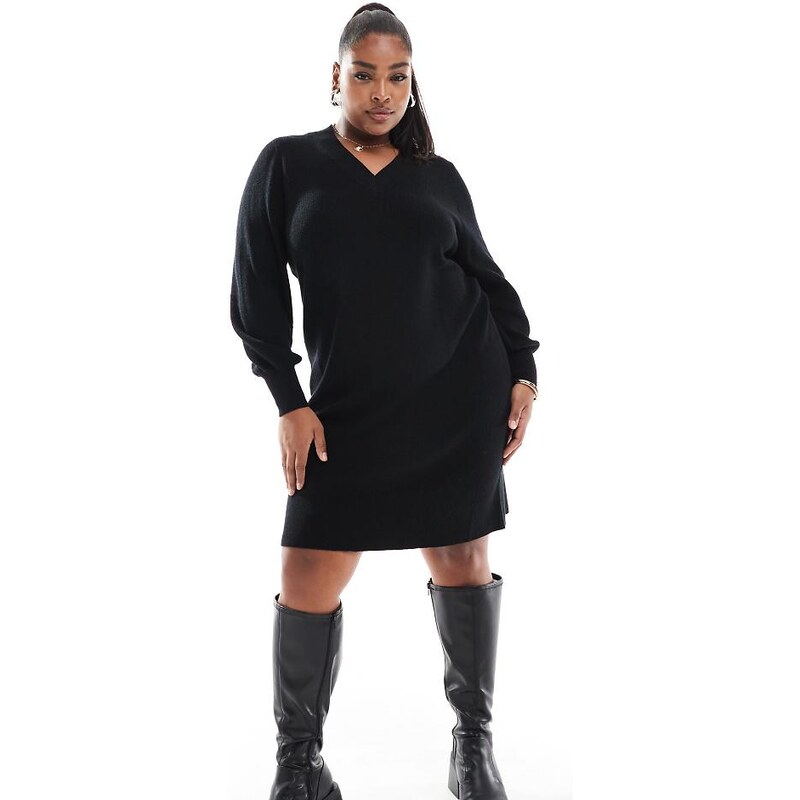 ONLY Curve v-neck knitted mini dress in black