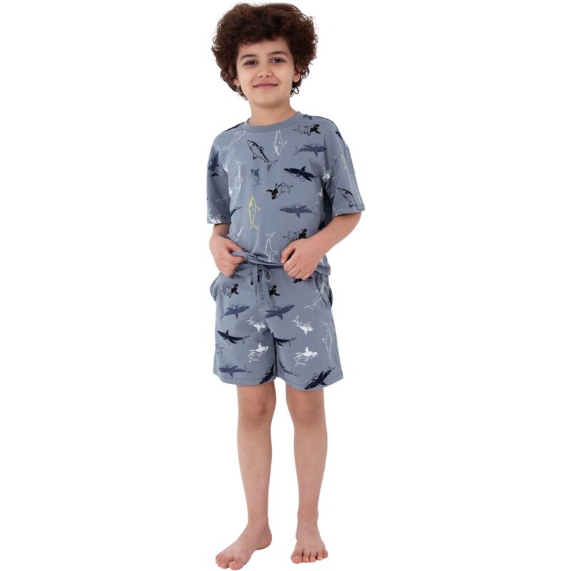 Winkiki Kids Wear Chlapecké pyžamo Shark, krátké kalhoty, krátký rukáv - šedá
