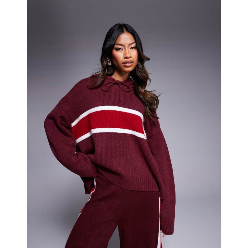 ASOS DESIGN fluffy knitted hoodie co-ord in burgundy-Red 103512588