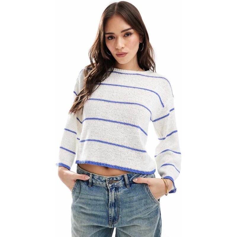 ONLY wide sleeve textured knitted jumper in cream with stripes