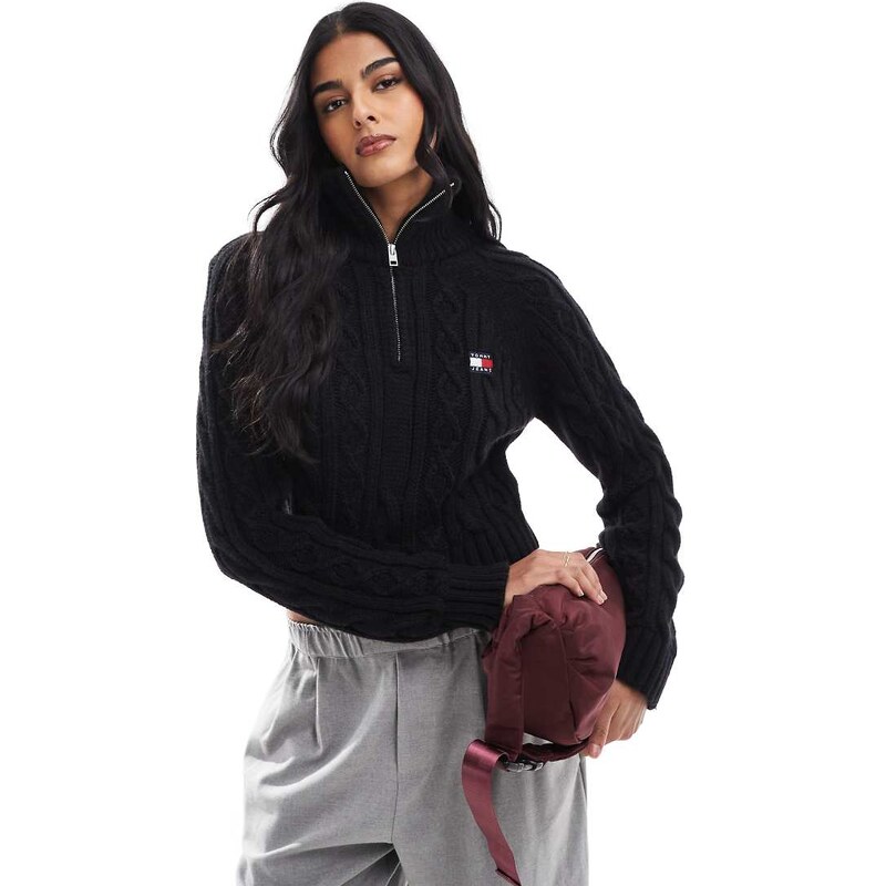 Tommy Jeans cable knit 1/4 jumper in black