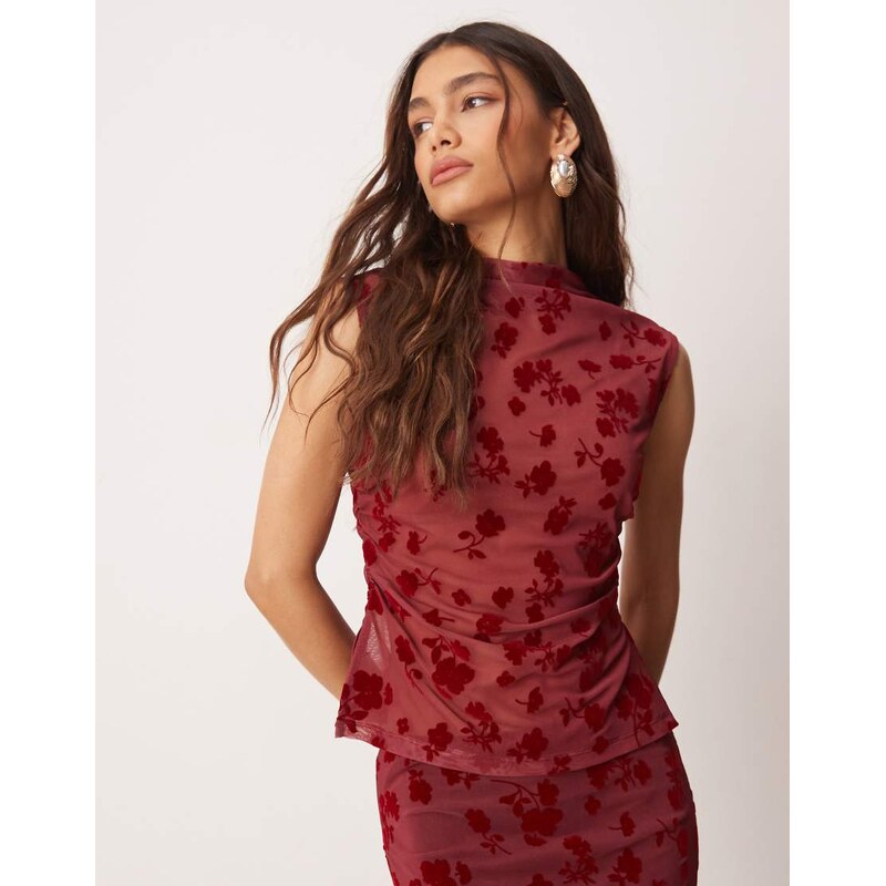 ASOS DESIGN ruched side high neck flocked mesh co ord top in red