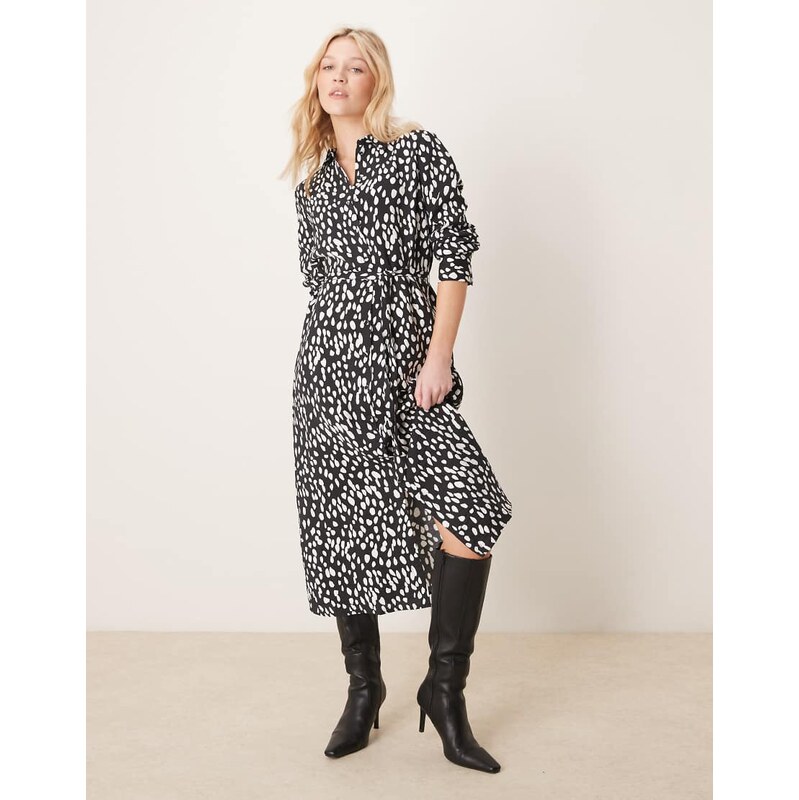 YAS tie waist maxi shirt dress in black spot print-Multi 103545026