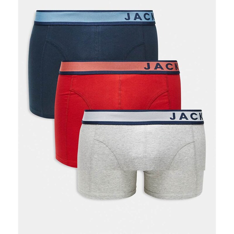 Jack & Jones 3 pack logo trunks in red blue & grey-Multi