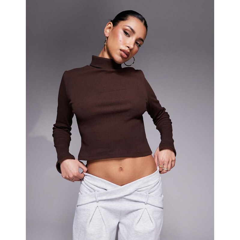 ASOS DESIGN ribbed fitted long sleeve turtle neck top in chocolate 103545090