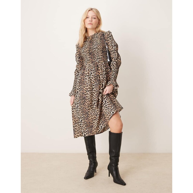 YAS shirred long sleeve detail maxi dress in leopard-Multi