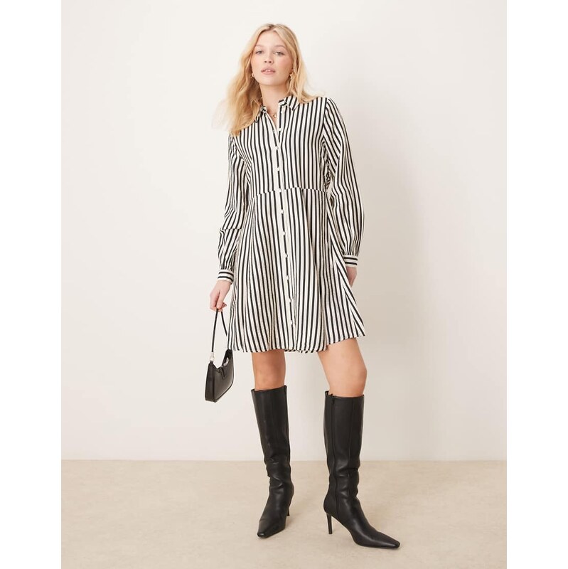 YAS flippy hem mini shirt dress in cream and black stripe-Multi