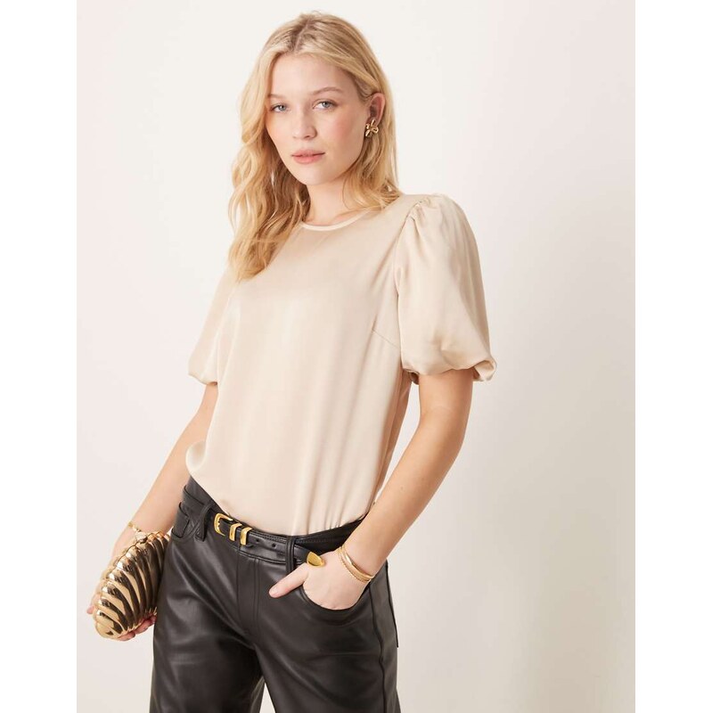 Vila satin short sleeve top in beige-Neutral 103578772