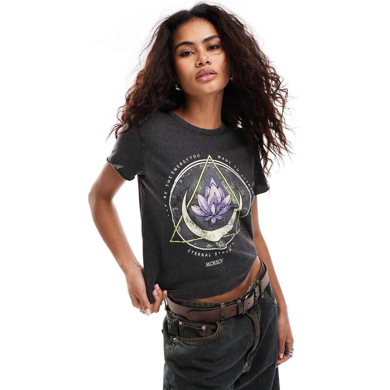 ONLY acid wash lotus motif t-shirt in black 89663141