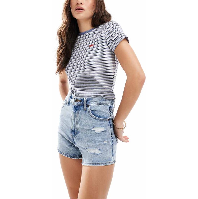 Levis high waisted distressed mom shorts in light blue