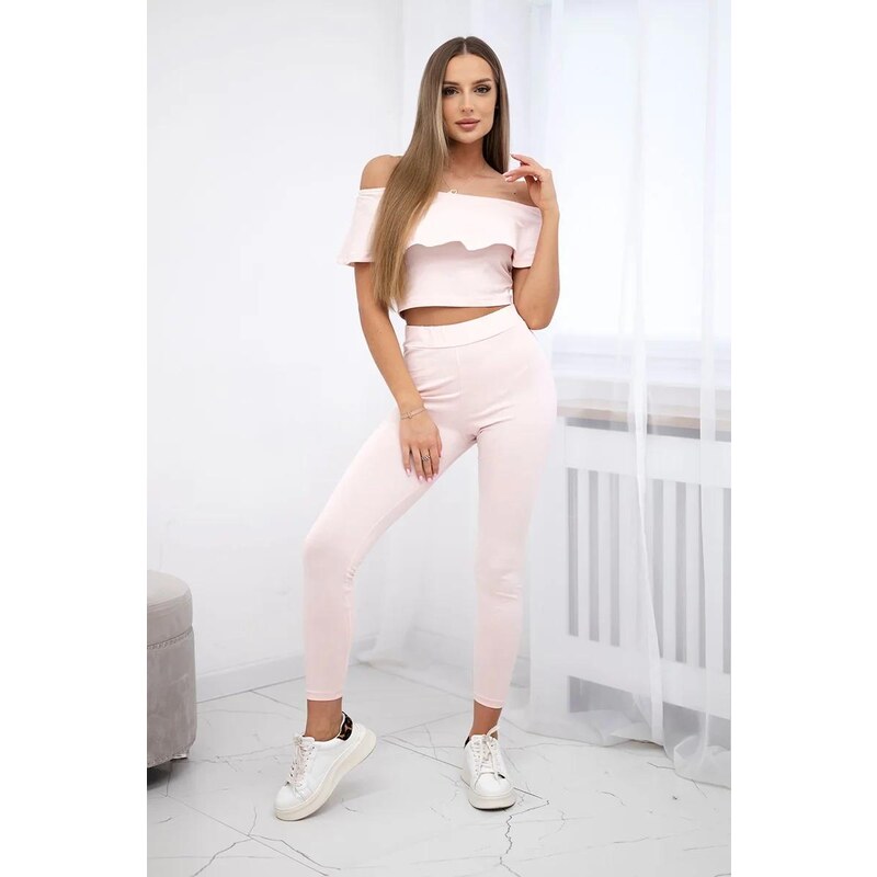 MladaModa Komplet kalhoty+top s volány pudrově růžový 49781586