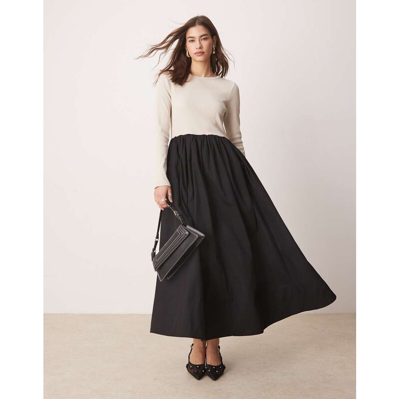 YAS long sleeved jersey and poplin hybrid maxi dress in black and 103652193