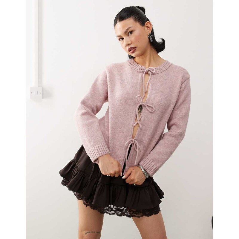 Reclaimed Vintage bow tie front knitted cardigan in pink 103652250