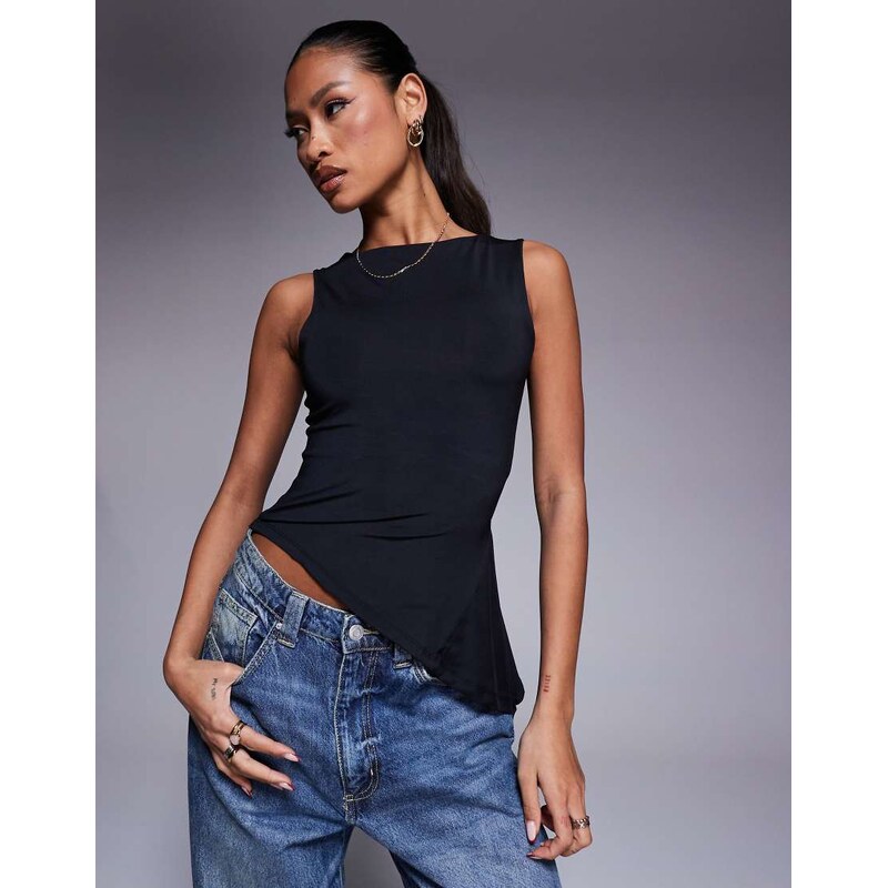 ASOS DESIGN slash neck tank top with ruffle godet detail in black 103661281
