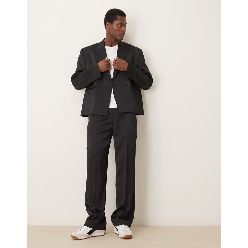 ASOS DESIGN wide leg suit trousers in black satin