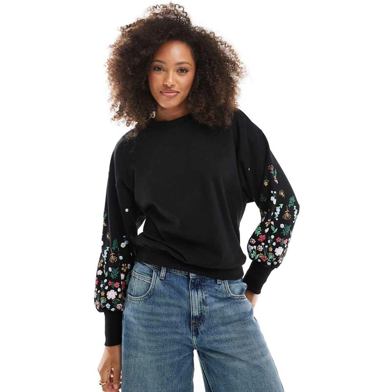 ONLY crew neck jumper with floral sleeve detail in black