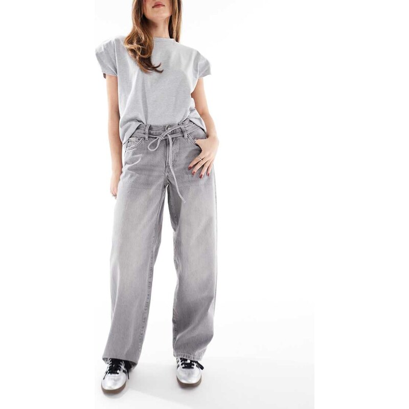 ONLY Gianna mid waist baggy jeans with tie waist in washed grey 103697522