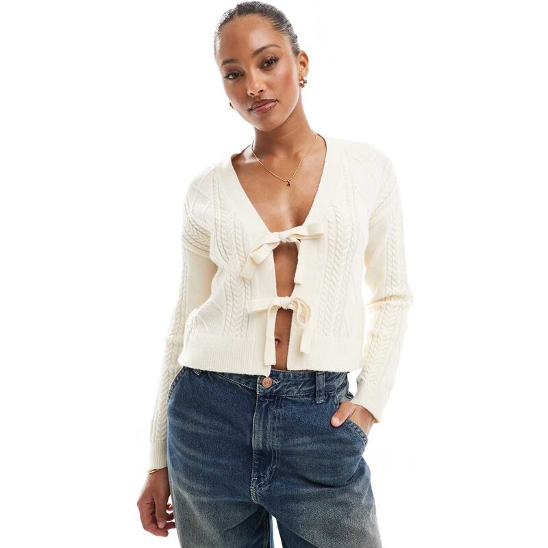 ONLY tie front knitted cardigan in cream-White 103702641