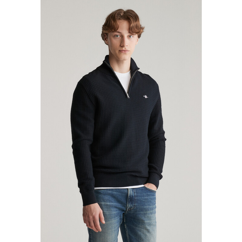 SVETR GANT COTTON TEXTURED HALF ZIP BLACK