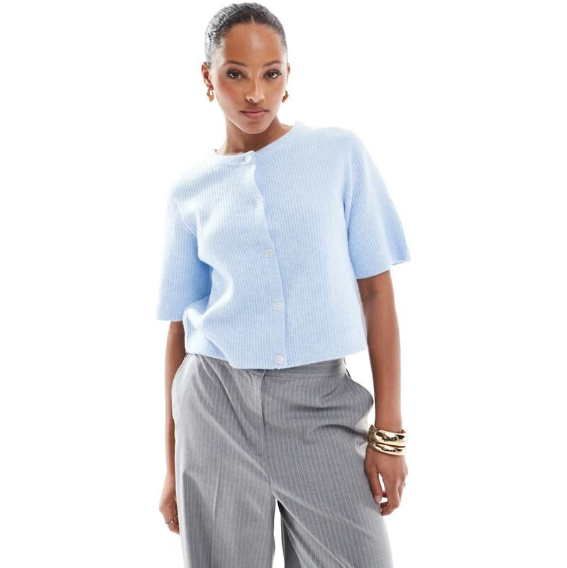 Pieces soft knit short sleeve cardigan in blue