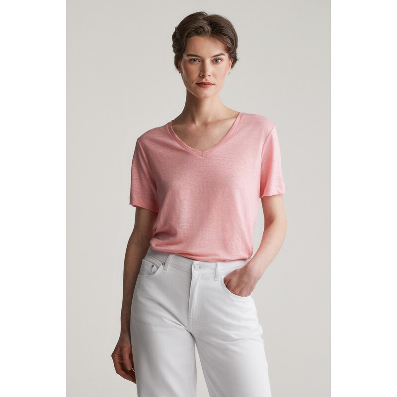 TRIČKO GANT REG LINEN V-NECK SS T-SHIRT GERANIUM PINK 103721463