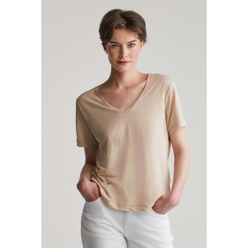 TRIČKO GANT REG LINEN V-NECK SS T-SHIRT DRY SAND 103721462