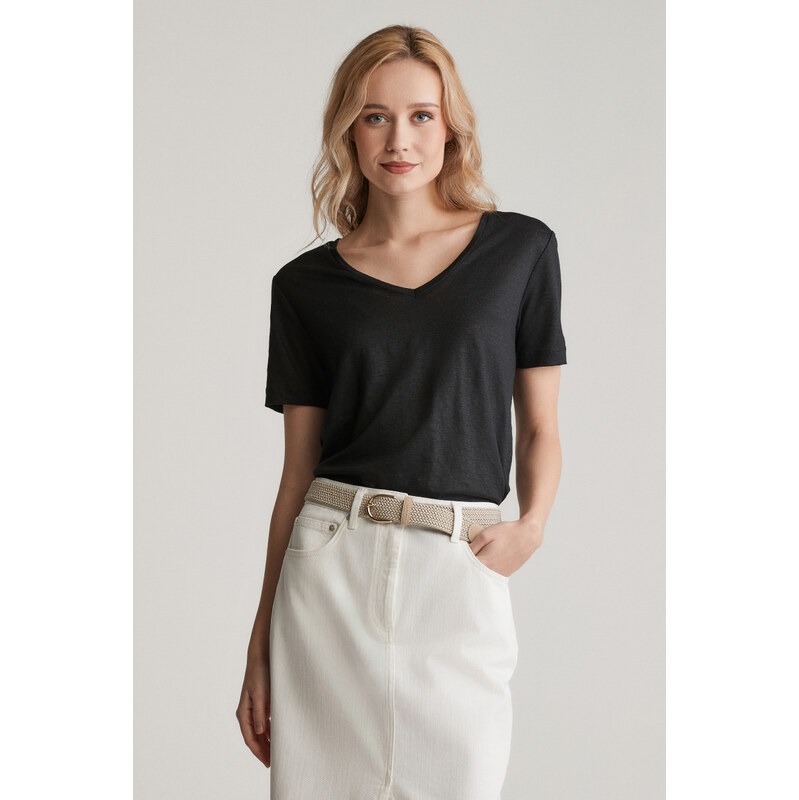 TRIČKO GANT REG LINEN V-NECK SS T-SHIRT BLACK 103721461
