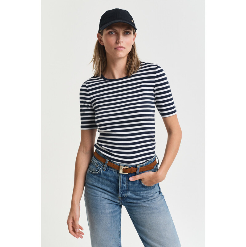 TRIČKO GANT SLIM STRIPED 1X1 RIBBED SS T-SHIRT EVENING BLUE