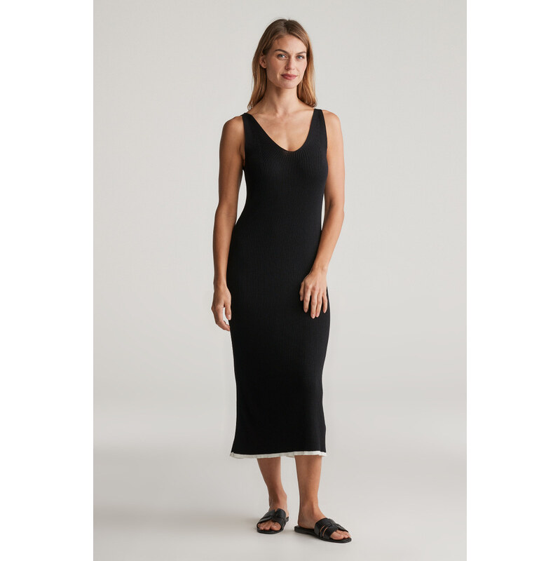 ŠATY GANT CONTRAST RIBBED KNIT STRAP DRESS BLACK