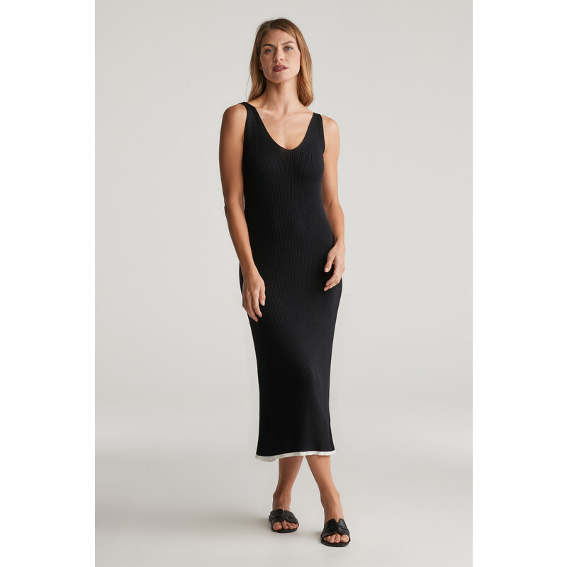 ŠATY GANT CONTRAST RIBBED KNIT STRAP DRESS BLACK