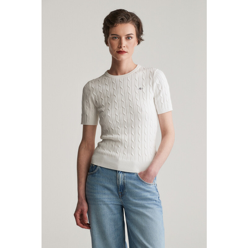 SVETR GANT STRETCH COTTON CABLE SS C-NECK EGGSHELL