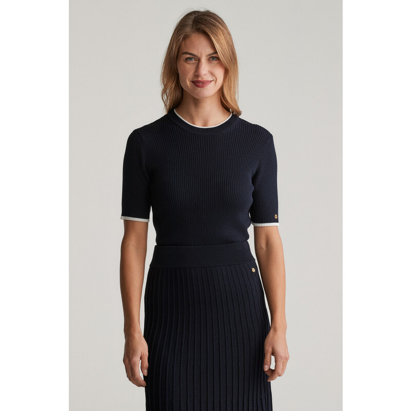 SVETR GANT CONTRAST RIBBED SS C-NECK EVENING BLUE