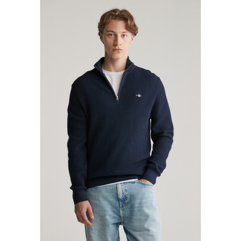 SVETR GANT TEXTURED COTTON HALF ZIP EVENING BLUE