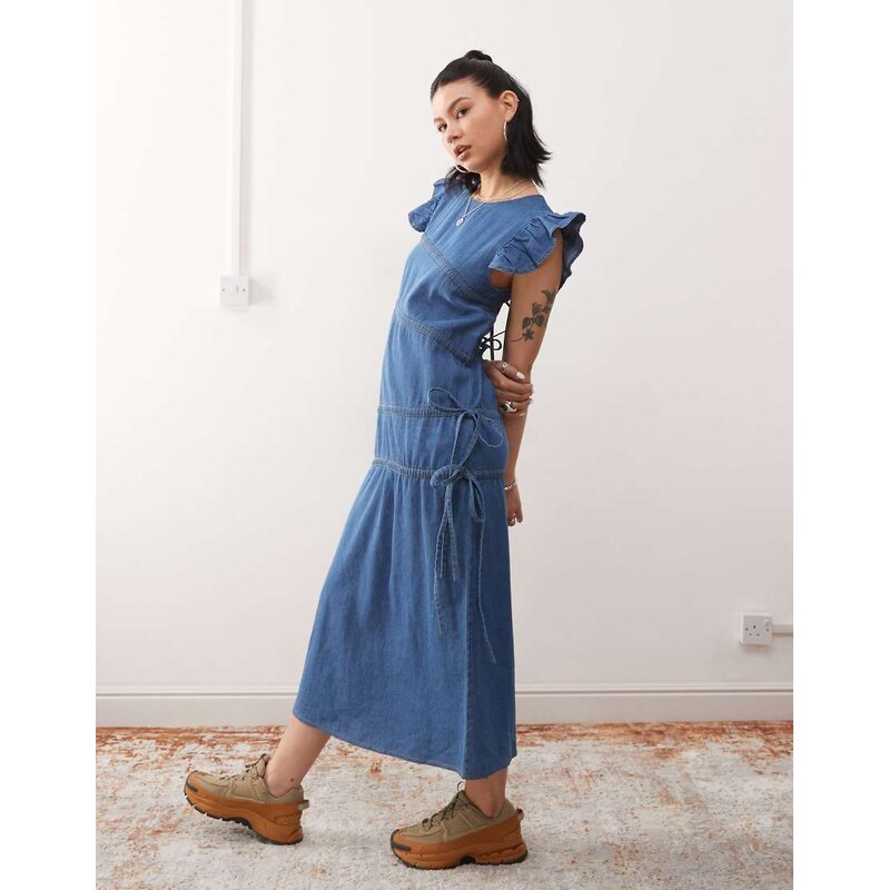 Reclaimed Vintage denim maxi dress with asymmetric ruching-Blue 103782516