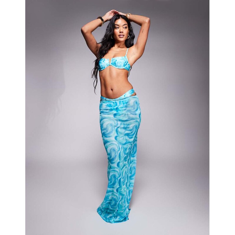South Beach abstract print mesh maxi beach skirt in blue 103784549