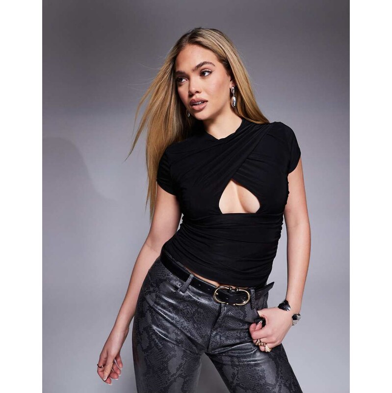 ASOS DESIGN slinky cross over short sleeve cut out top in black