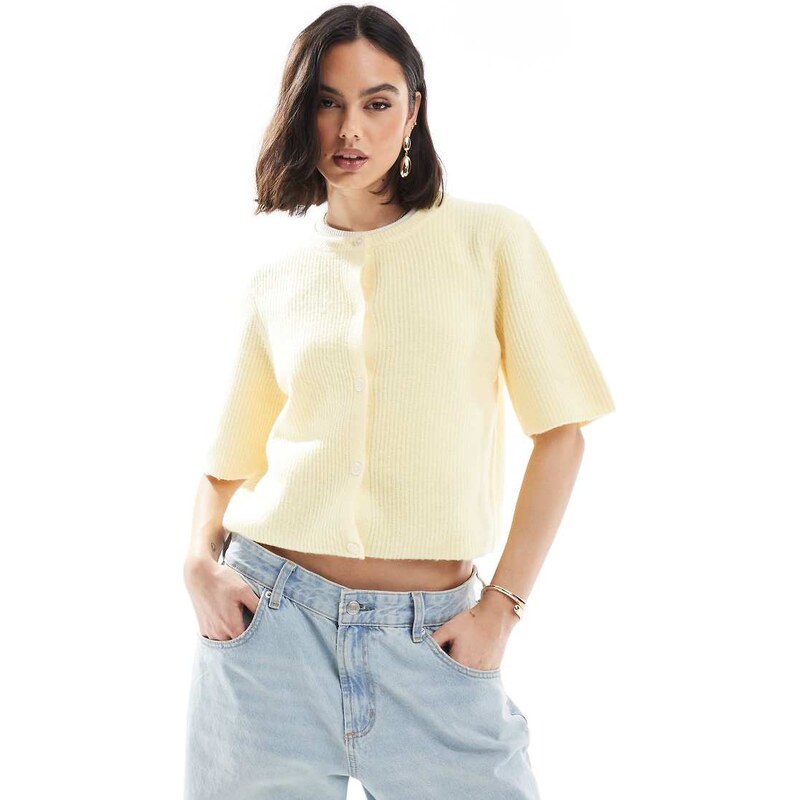 Pieces soft knit short sleeve cardigan in pale banana-Yellow