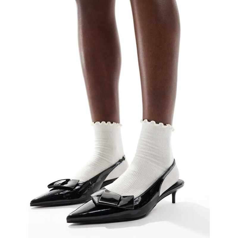 London Rebel bow detail sling back kitten heels in patent black 112740707