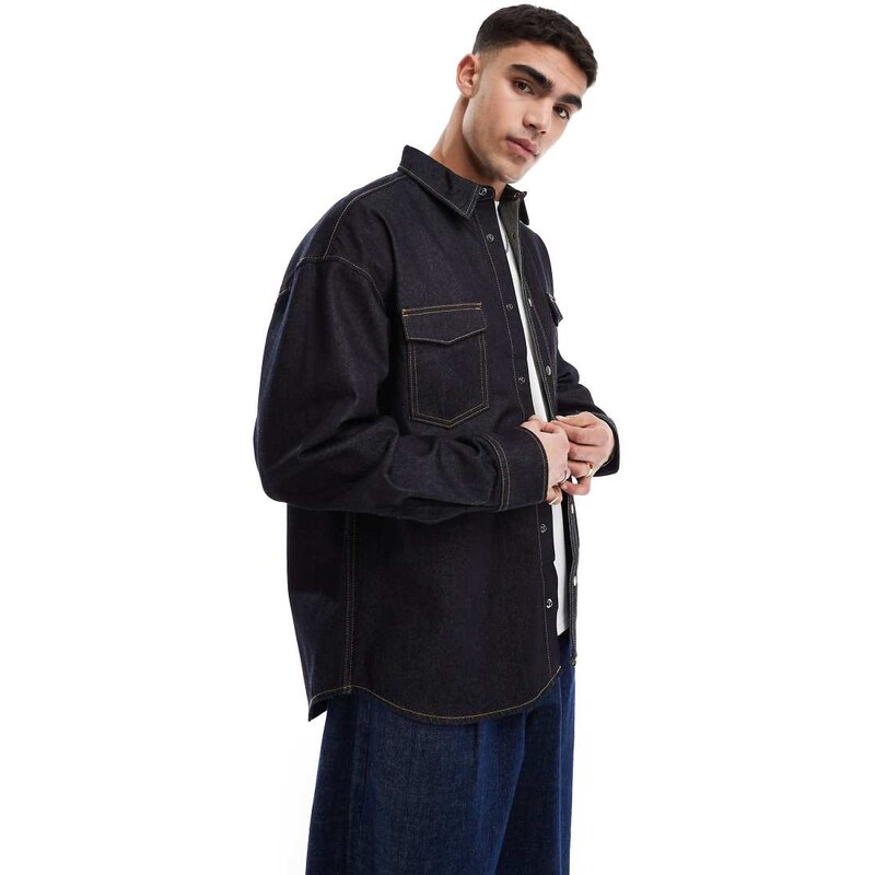 Jack & Jones denim overshirt shacket in rinse wash-Blue