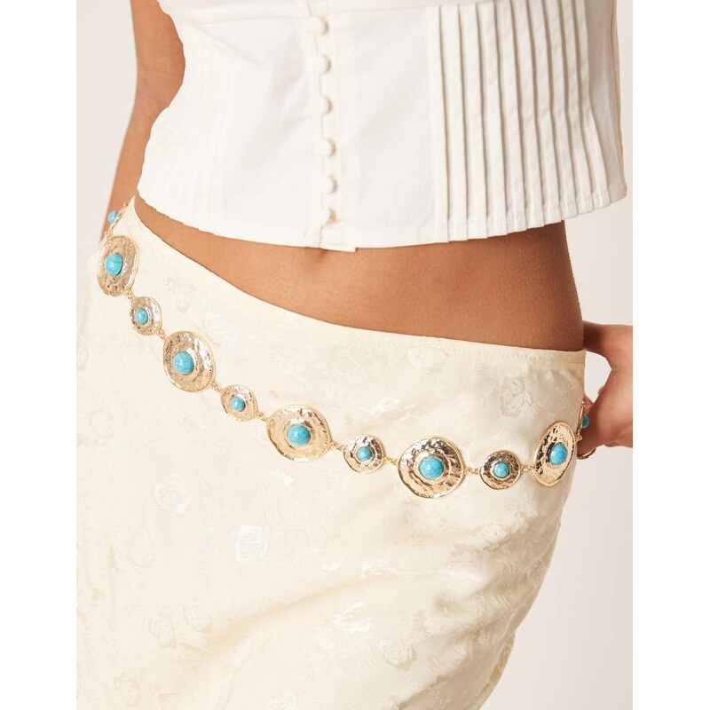ASOS DESIGN waist and hip turq stone set chain belt in gold 113306271