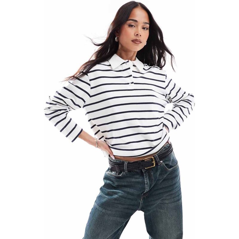 ONLY stripe long sleeve polo in white & navy