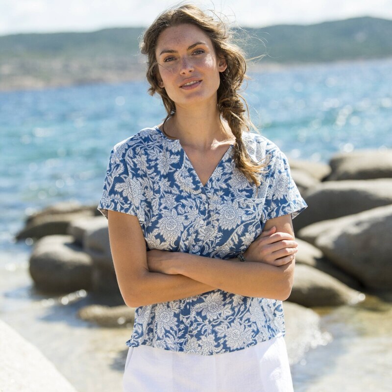Blancheporte Halenka s krátkými rukávy a potiskem květin modrá